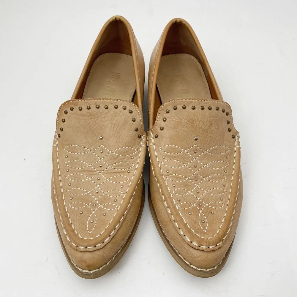 Mi.iM Studded Western Embroidered Leather Loafer Flat‎ Womens 6.5 Pointed Toe